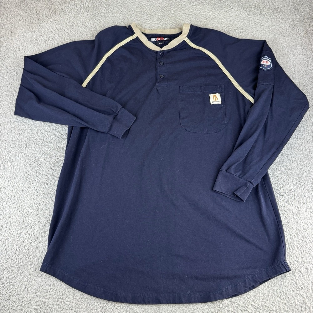 Bocomal FR CAT2 Mens XL Navy Blue Long Sleeve Henley Flame Resistant Work Shirt